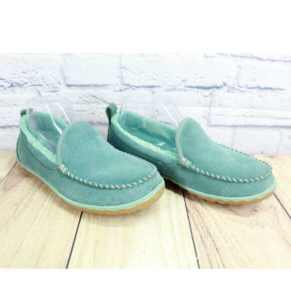 LL Bean Green Suede Slip-On Fleece Lined Mountain Moccasin Slippers Size 7 M - Picture 3 of 9